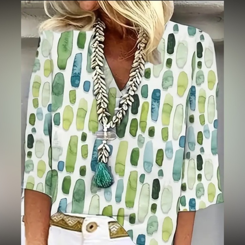 Blouse V-Neck 3/4 Sleeve Geometric Print Blue, Green, White - XL - Picture 1 of 5